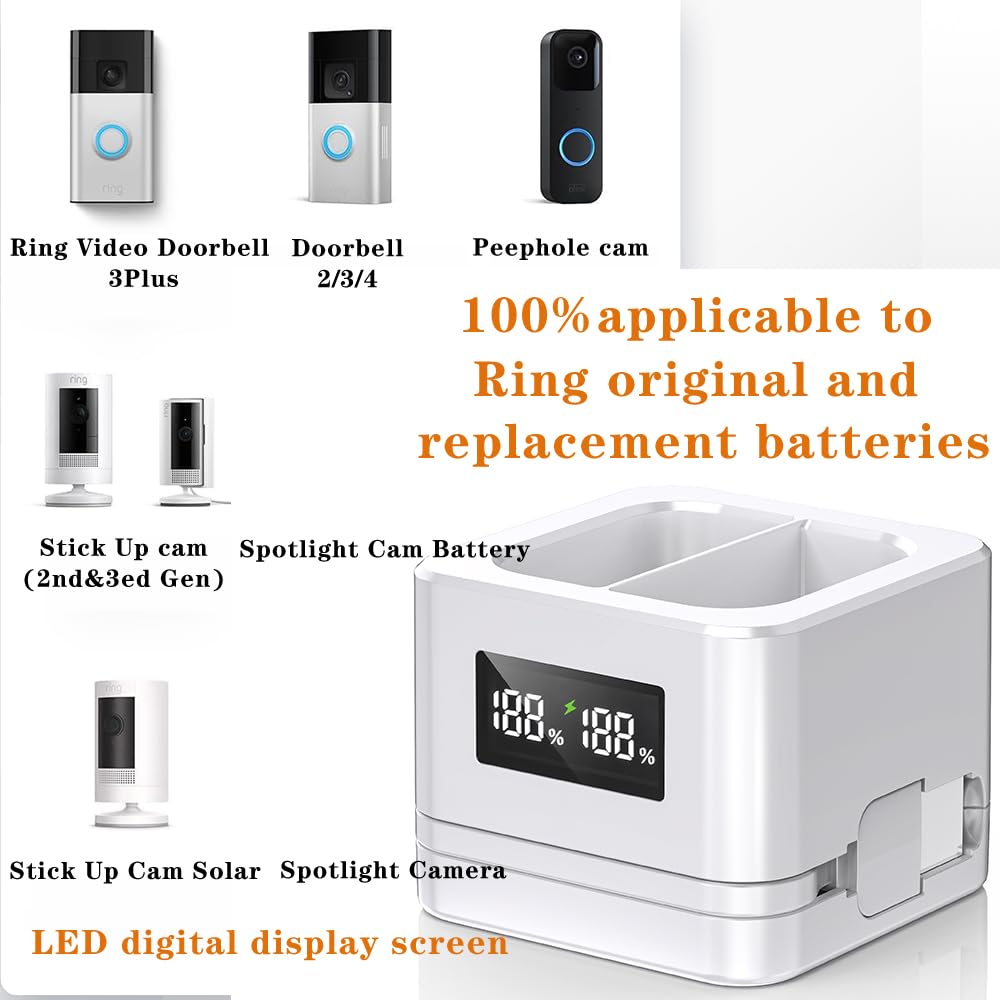 Upgraded,1Pack Ring Batteries Charger,A Charger Compatible with Ring Batteries,LED Digital Display,Dual Charging,for Ring Doorbell Camera 2/3/4,3Plus,Ring Spotlight Camera and Stick Up Cam (White)