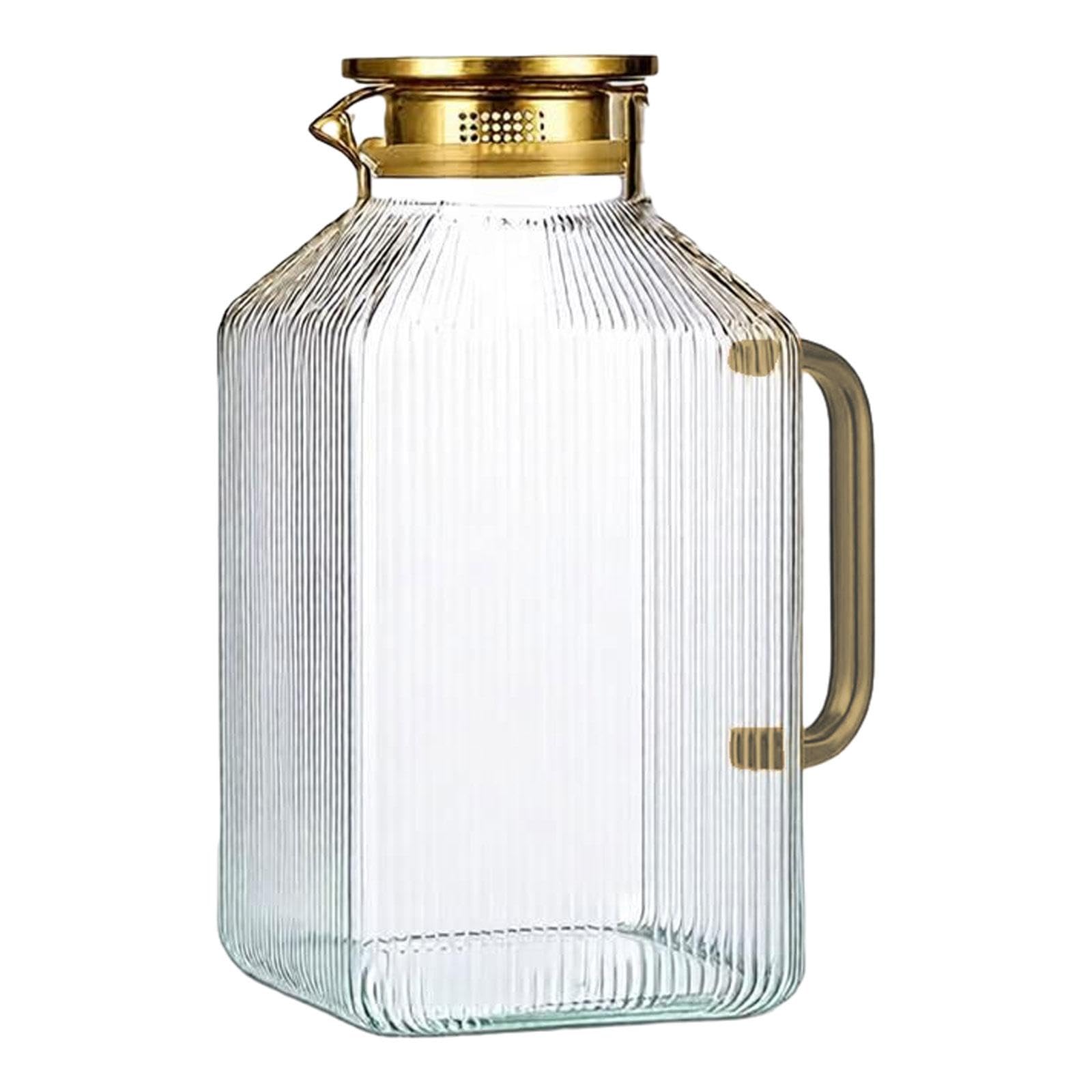 Glaskaraffe mit Wasserspender für Kalte Getränke, Stabiler Griff, Edelstahldeckel, Großes Fassungsvermögen, Geeignet für Den Kühlschrank, Goldgriff