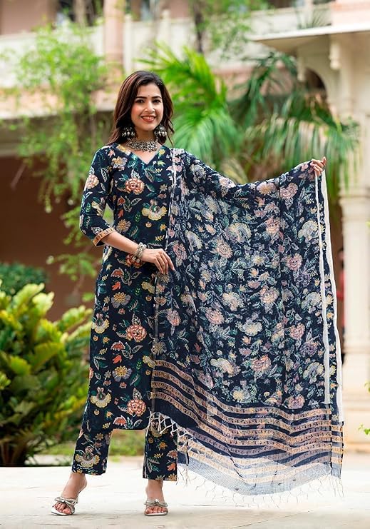 Shienzy Women's Cotton Blend Kurta Pant With Dupatta (1599_Kbd-M_Navy Blue_M)