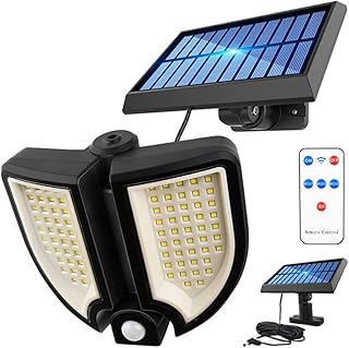 Aolyty Luz solar externa com controle remoto, 3 modos de iluminação super brilhante 90 LEDs, cabo de 4 metros, à prova d'água com sensor de movimento movido a energia solar, refletores de segurança para quintal, passarela, garagem, garagem, garagem, garagem, garagem
