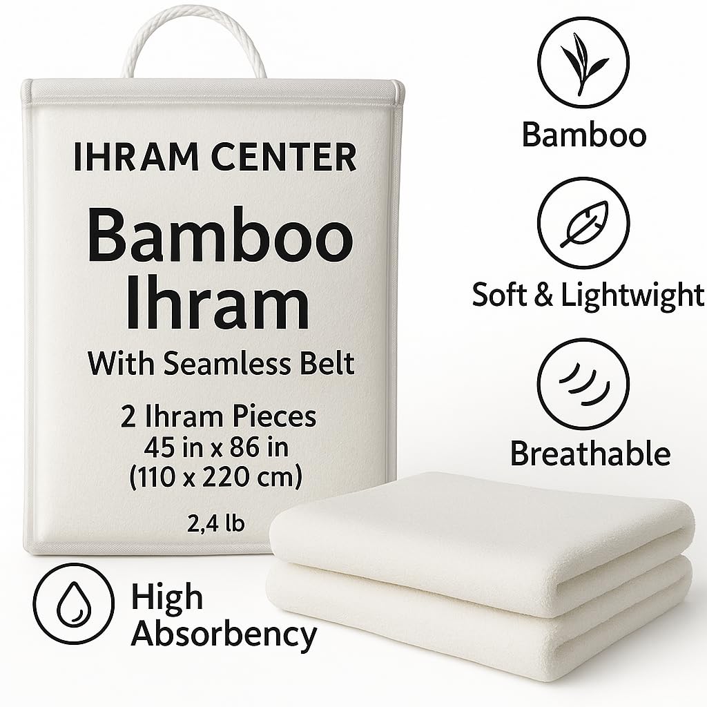 Ihram pour Homme – Ensemble de Serviettes 2 Pièces pour le Hajj et la Omra – Bambou Coton Naturel – Doux, Sans Couture – Ahram Ehram 110X220 cm (Bambou Avec Ceinture)
