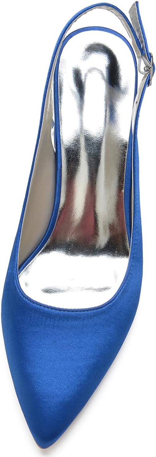 Womens Slingback Closed Pointed Toe Heels Satin Strap Block Chunky Heel Office Bridal Pumps Shoes