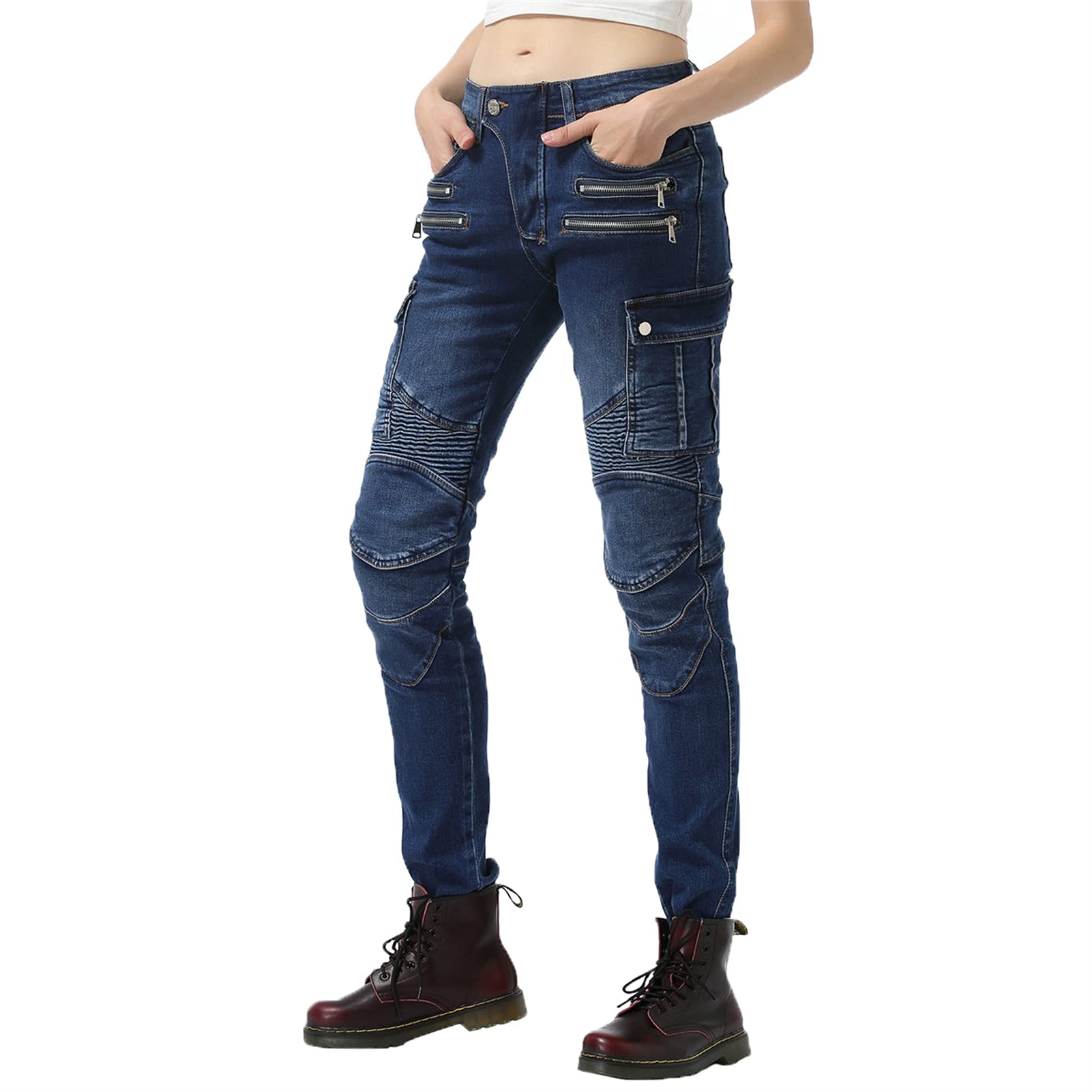 Pantaloni da moto da donna, pantaloni protettivi da moto, resistenti all'usura, traspiranti, con protezione staccabile per fianchi e ginocchiere, jeans (blu, XXS)