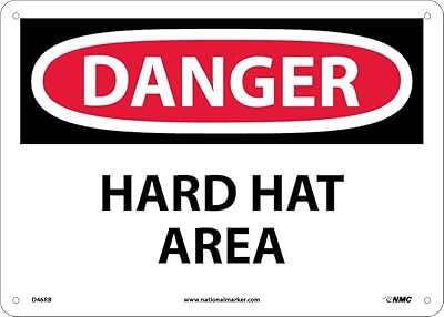 NMC D46RB DANGER - HARD HAT AREA Sign - 14 in. x 10 in. Rigid Plastic Danger Sign, Black/White Text on White/Red Base