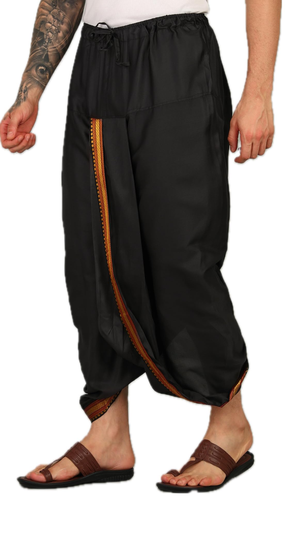 Shree Aparajeet Creations Mens Panjakejam Readymade Golden Zari Border Elastic Drawsting Waist Band Dhoti Silk Free Size-image-12