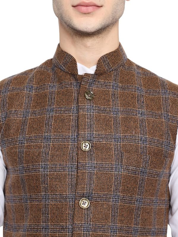 Image of Vastraa Fusion Men's Blue & Grey Chequered Woolen Blended Festive Nehru Jacket /Waistcoat