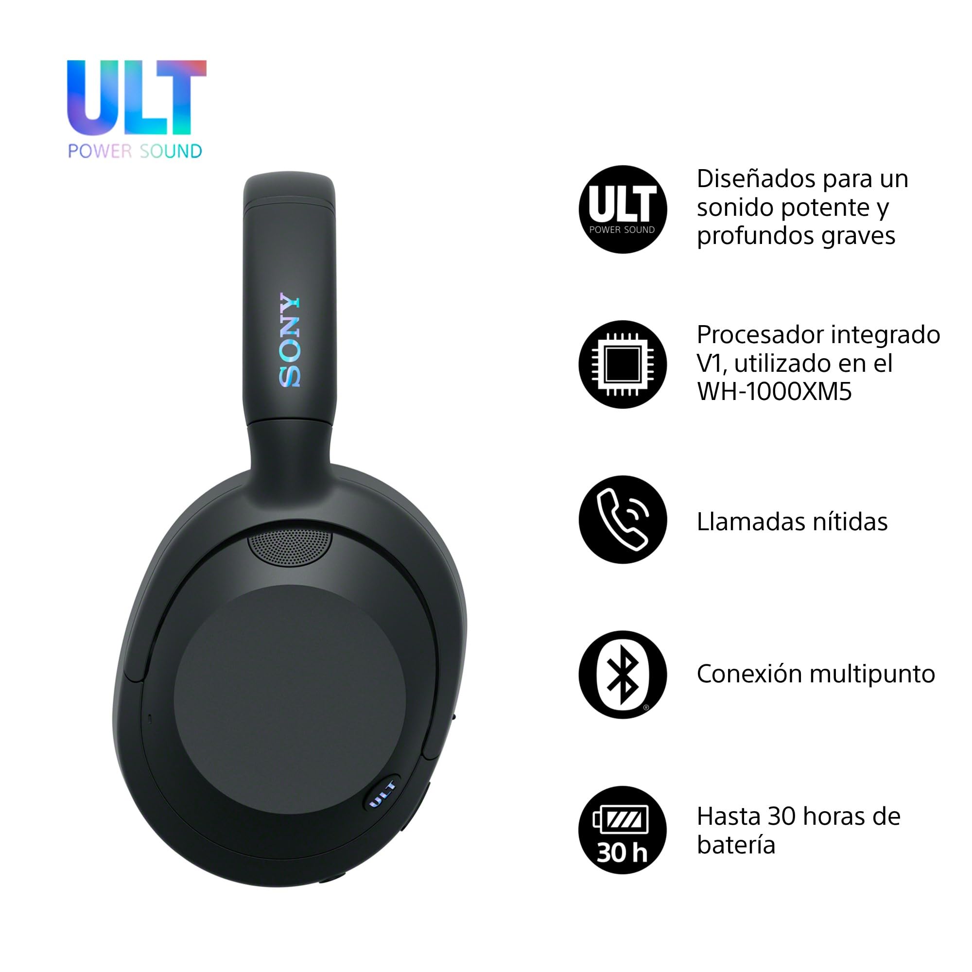 Sony ULT Wear Auriculares inalámbricos con Noise Cancelling, ULT Power Sound, Ultimate Deep Bass, Mismo procesador Que los WH-1000XM5, Llamadas nítidas, 30 Horas de batería, iOS y Android, Negro