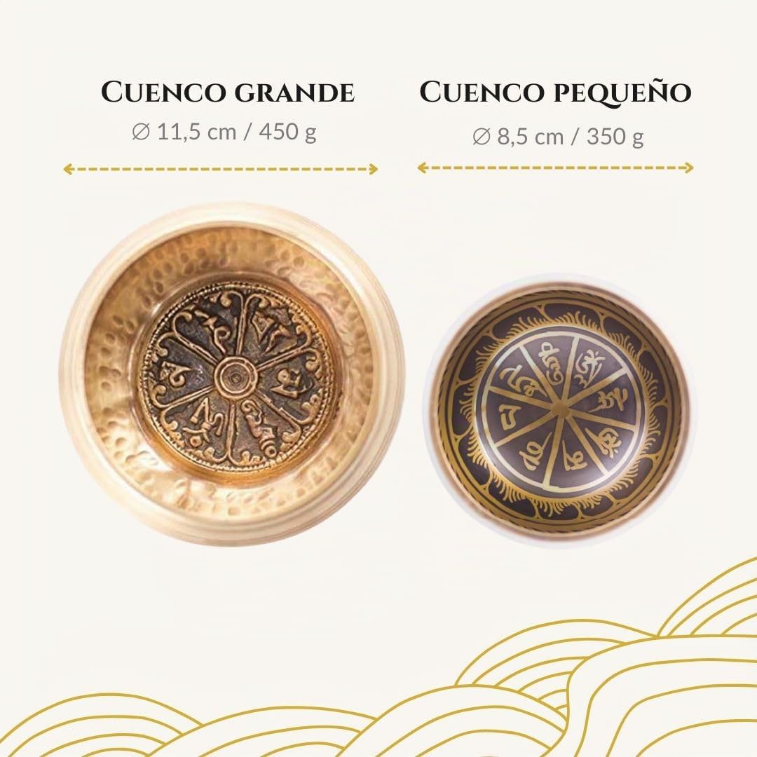 Cuenco tibetano de meditación hecho a mano en la ciudad nepalí de Bhaktapur | 450 g – 11,5 cm de diámetro | + Caja en papel nepalí con cojín | + Cuenco | + Mazo de madera