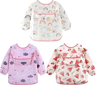 Waterproof Long Sleeved Bibs, 3 Pcs Baby Smock, Toddler Sleeved Bibs, Bibs with Sleeves Adjustable Neckline for Babies