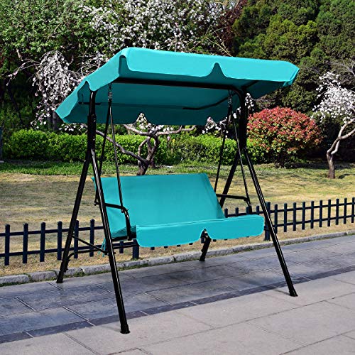 Image of Tangkula 2 Person Porch Swing, Outdoor Swing with Removable Cushions, Solid Steel Structure, Patio Swing with Adjustable Canopy for Porch, Backyard, Garden, Balcony Turquoise