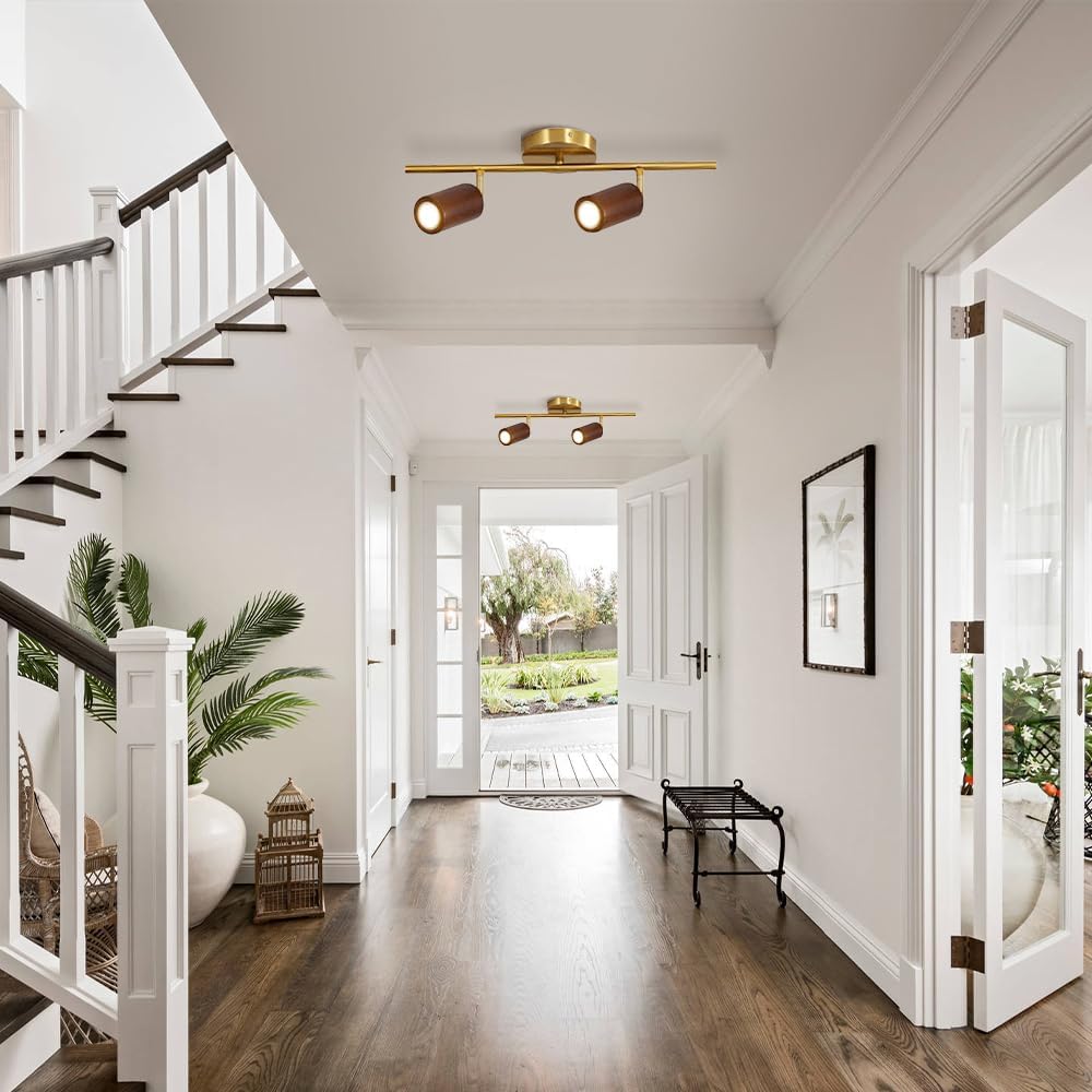 Adjustable Semi-Flush Ceiling Spotlight, 180° Rotating Directional Light, Wood Ceiling Spotlights Modern Indoor Fixtures for Hallway Porch Entryway - E27 Socket