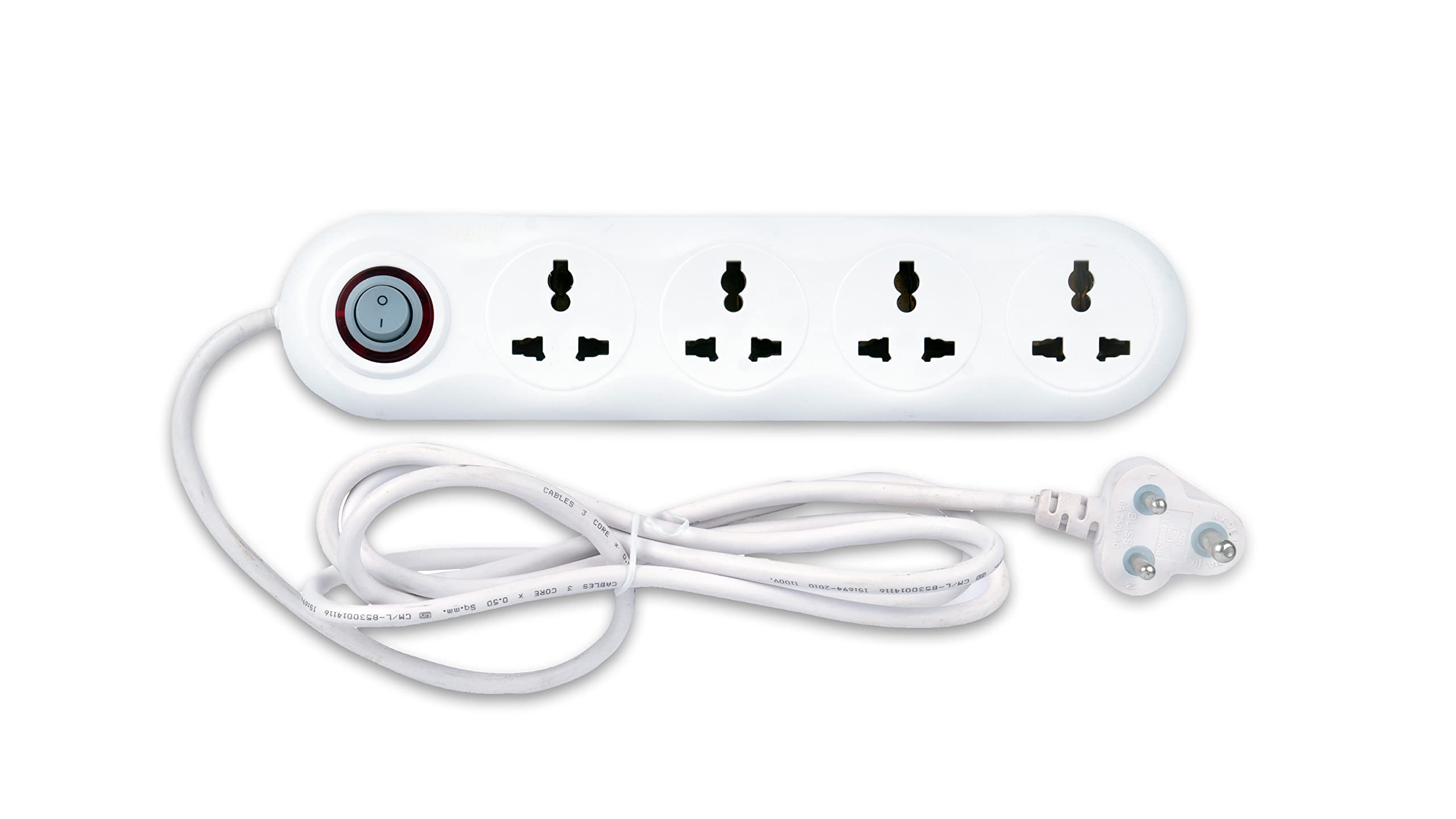 CARIBOU CBU-02 4 Way Extension |6A sockets| Fire Retardant Body| 2M ISI Marked Power Cord|Led Indicator| White Color|6A Power Plug
