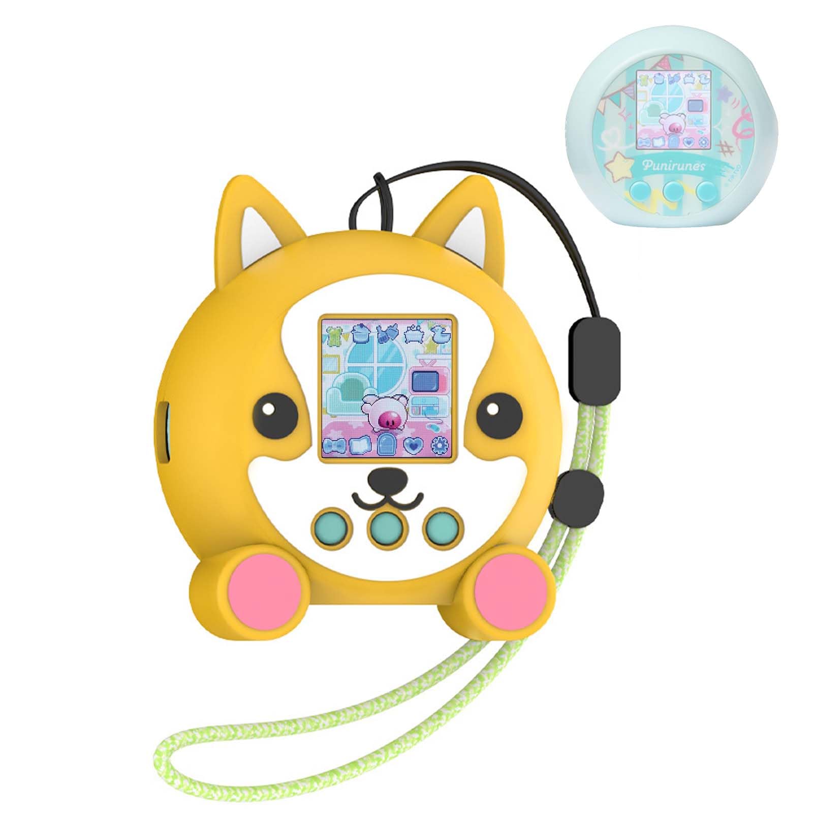 Silicone Protective case for Punirunes Interactive Digital Toy, Cute Cartoon Dog Design Skin Sleeve for Punirunes Electronic Pets Machine, with Lanyard Easy Carry,Scratch Shock Protection (Yellow)