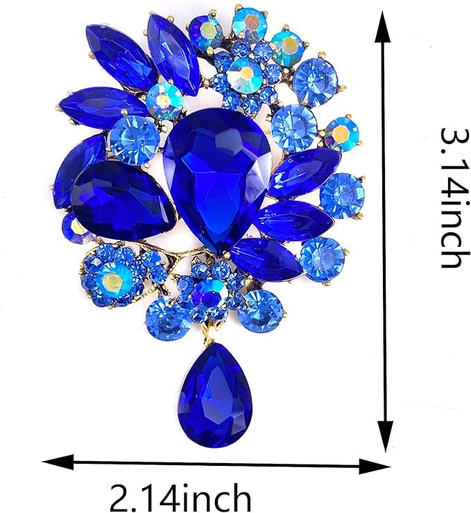 Image of Wedding Bridal Big Crystal Rhinestone Bouquet Brooch Pin for Women (Blue Tear Drop)