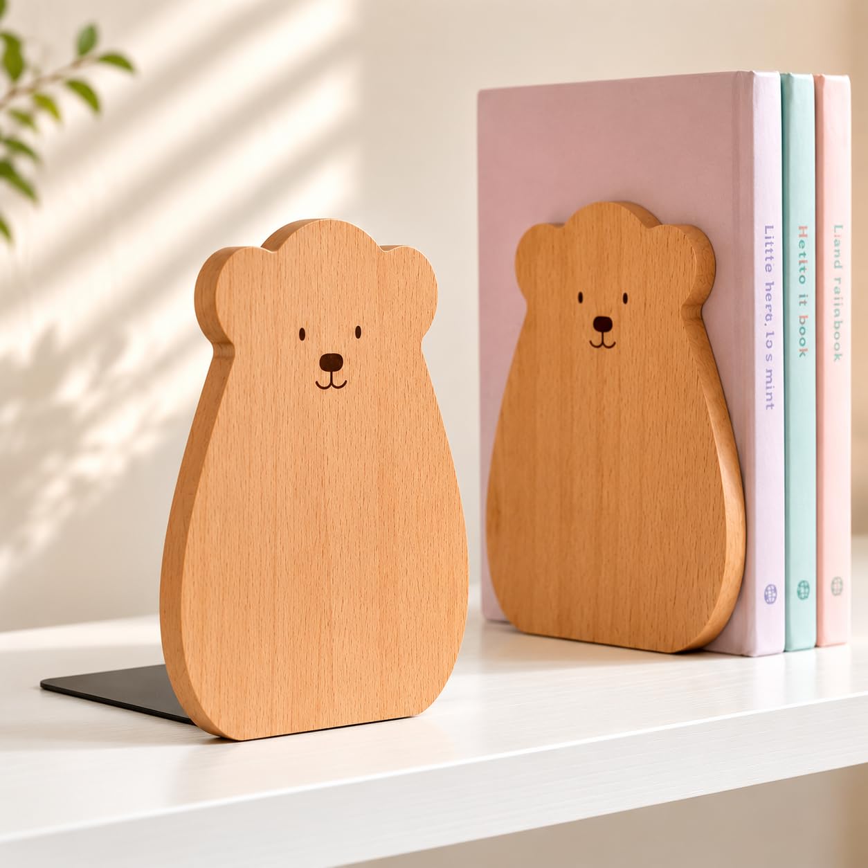 KARBAG 2 Pack Cute Bear Wooden Bookends Beech