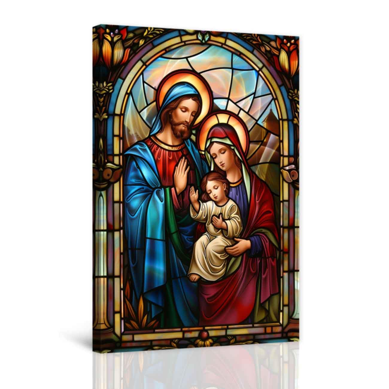 LZIMU Holy Family Picture Wall Art Catholic Canvas Jesus Family Painting Virgin Mary Joseph Poster Prints Christian Painting for Church Prayer Room Decor Framed (Blue, 40.00 x 60.00 cms)