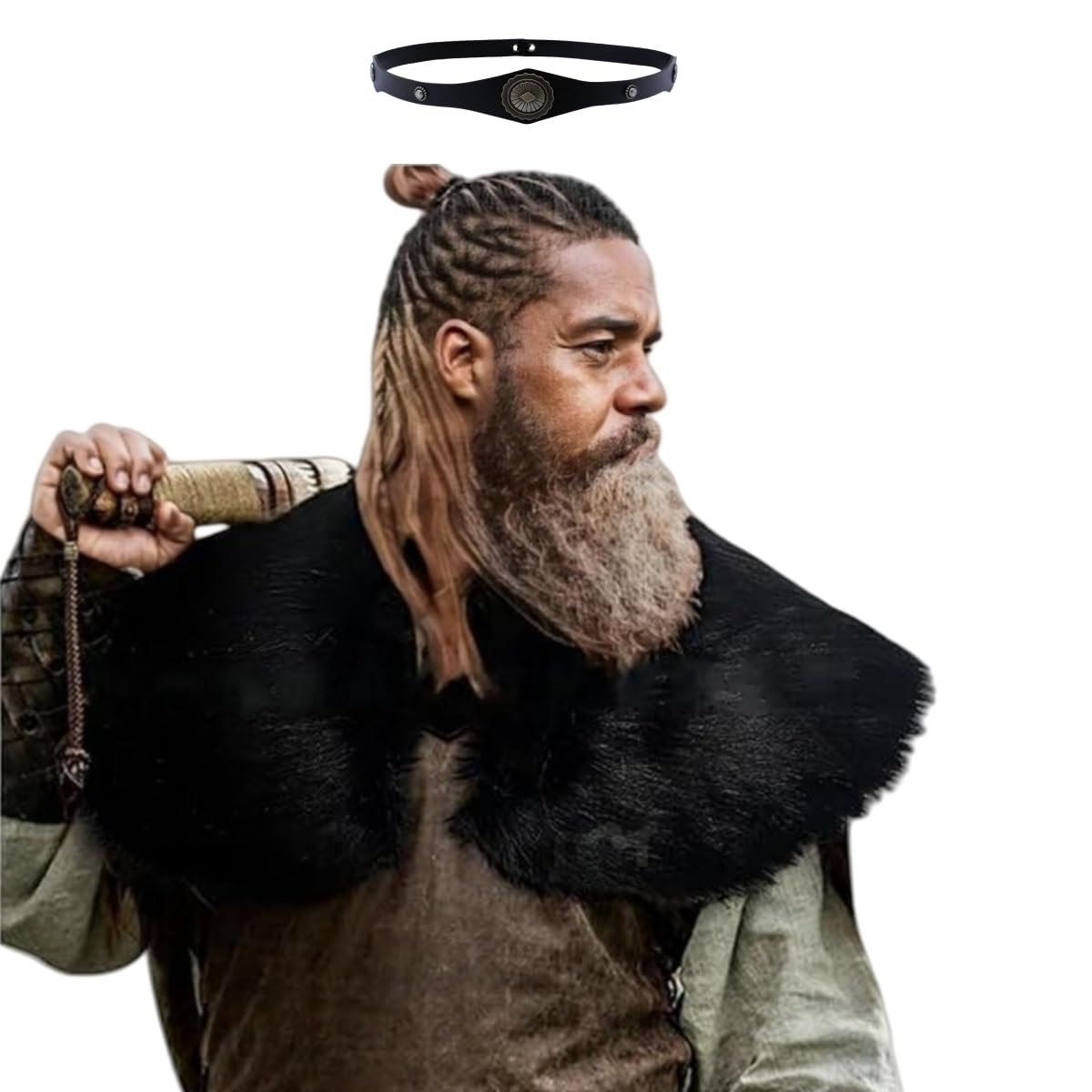 JIAHG Mens Viking Faux Fur Shoulder Wrap Shawl Headband Set Medieval Warrior Costume Cape Outfit Norse Barbarian Fur Collar Renaissance Fair Cloak For Halloween LAPR Cosplay (Black)