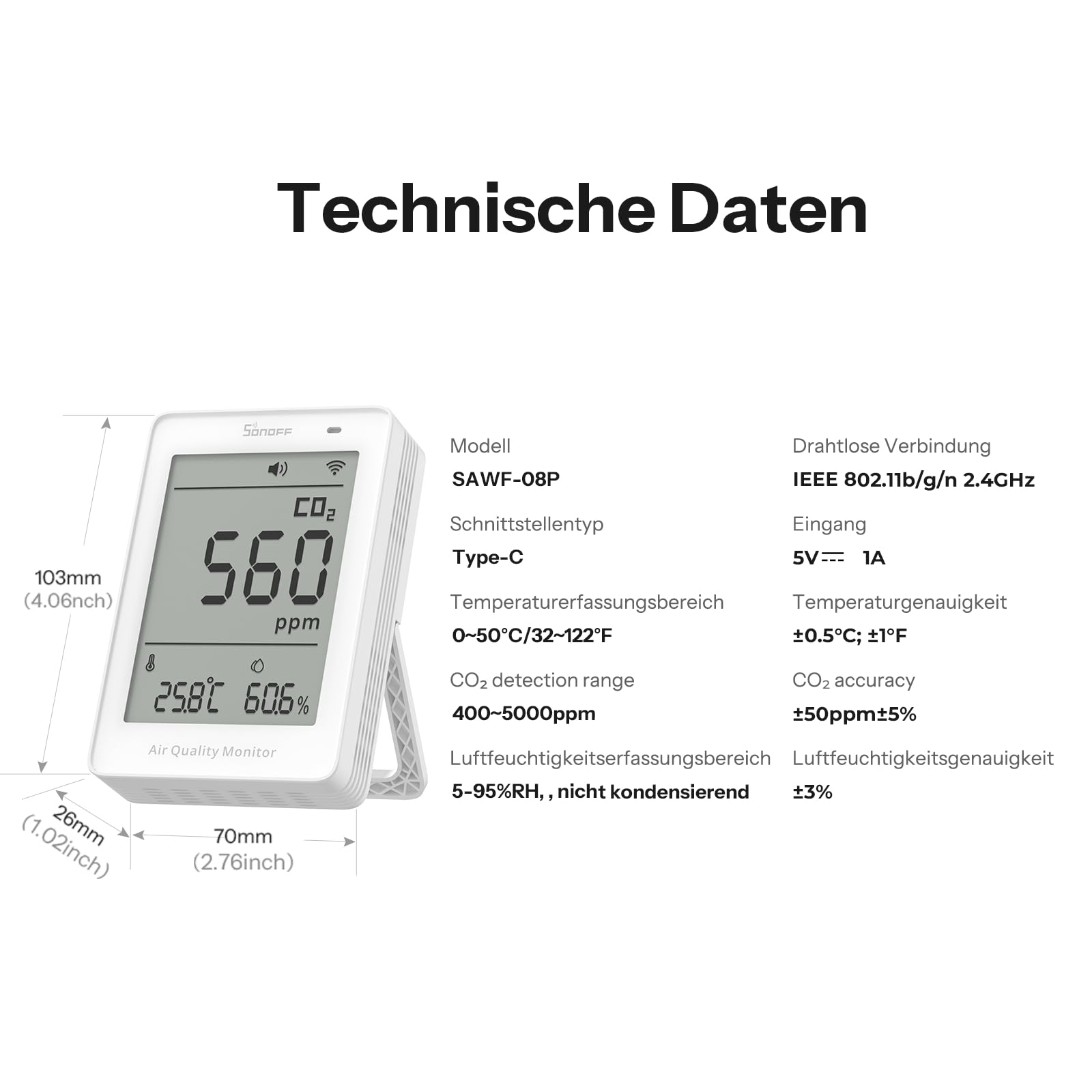 SONOFF AirGuard CO2 Intelligenter Monitor für Raumluftqualität Matter-kompatibel 2,4 GHz WiFi CO2/Temp/Feuchte-Detektor