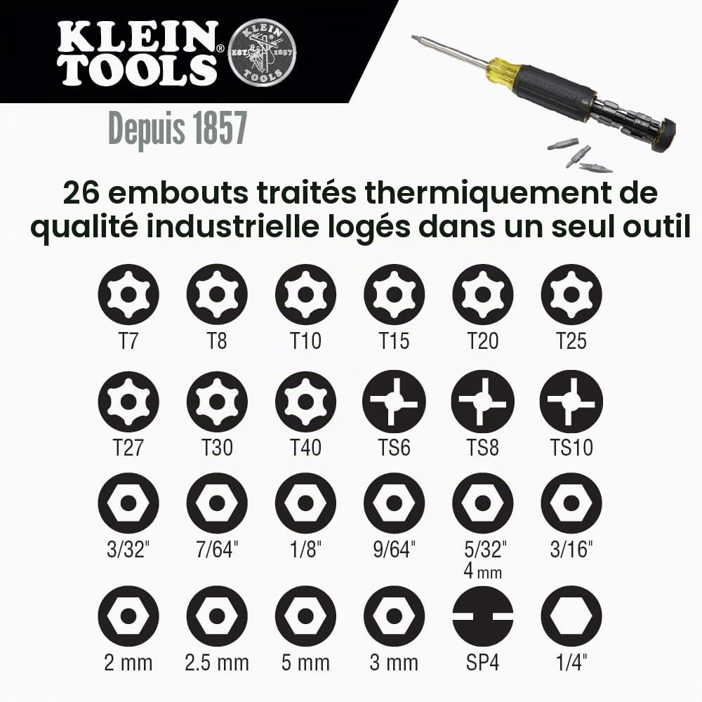 Klein Tools 32307 Tournevis multi-embouts inviolable 27 en 1 avec embouts Torx, hexagonaux, Torq et clé avec tourne-écrou 1/4" Noir/jaune