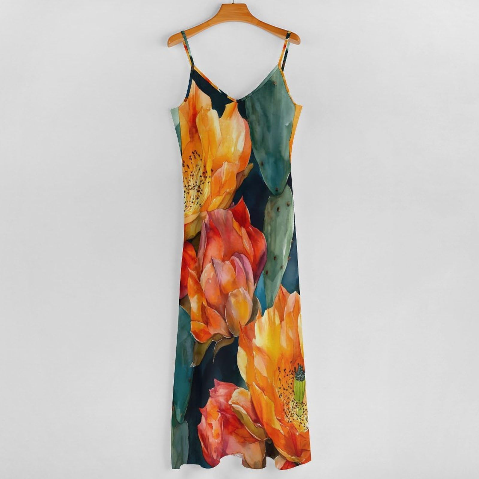 Vestido largo casual con estampado de flores de cactus naranja para mujer, con tirantes delgados ajustables, vestido de playa