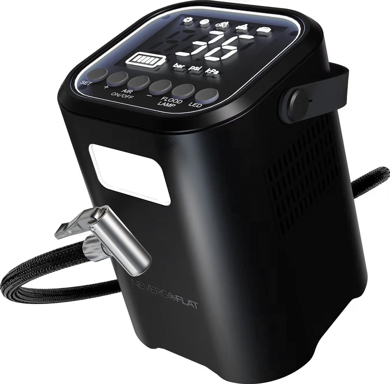 NeverGoFlat 150 PSI Air Compressor and All-in-One Emergency Tool with Emergency Lighting and 4,000mAh Power Bank