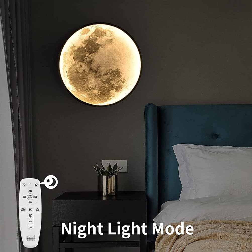 Moon Kinderkamer Wandlamp Indoor LED Dimbare Wandlamp met Afstandsbediening Moon Lamp Bedlamp met Schakelaar en Kabel/Plug, Art Deco Wandverlichting voor Slaapkamer Woonkamer,50cm