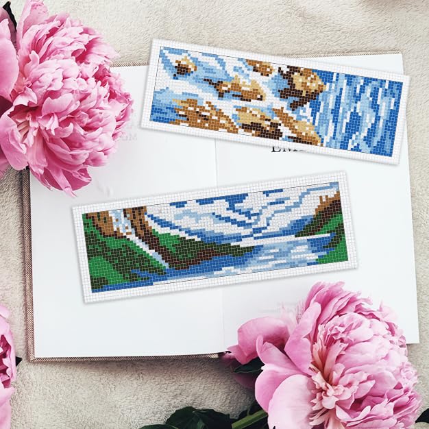 Image of INFUNLY 6pcs Natural Scenery Cross Stitch Bookmark Kits Mountain Embroidery Bookmark Kit with Instructions Lakes Sky Handmade Cross Stitch Set Pre-Printed Flowers DIY Bookmark-Kits for Book Lovers