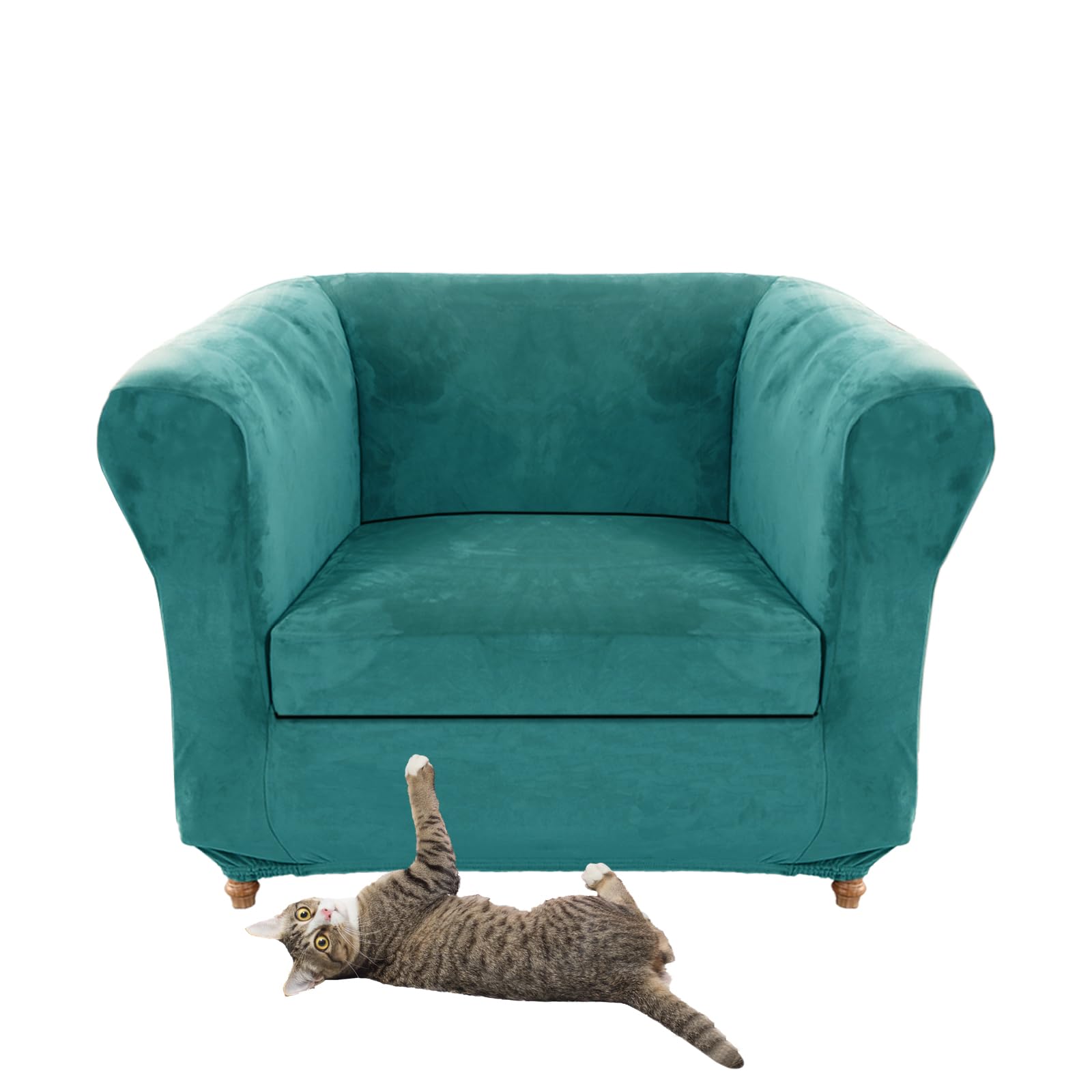 Stretch Velvet Chesterfield Sofa Cover Couch Cover with Seat Cushion Covers for Curved Chaise Armchairs Vintage Style (Teal Chair + 1 Small Seat)