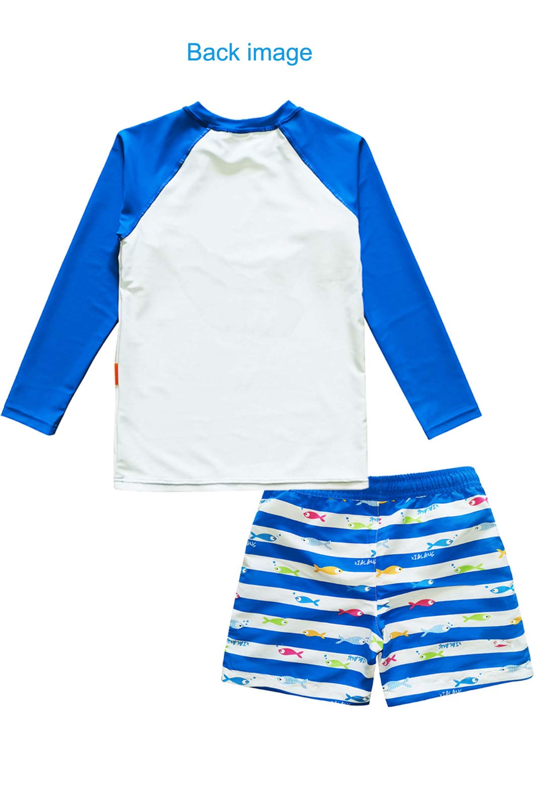 weVSwe Boys' Sailboat Surfing Swimwear Long Sleeve UPF 50+ Rashguard Swim Shirt and Fish Bathing Suit Board Short Set 6