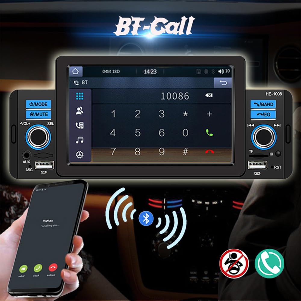 Radio para coche de 1 Din y 5 pulgadas para Carplay y Android Auto, reproductor Mp5 para coche con pantalla táctil, Mirror Link, BT/SD/USB/Aux, cámara de visión trasera de 4 LED, control remoto