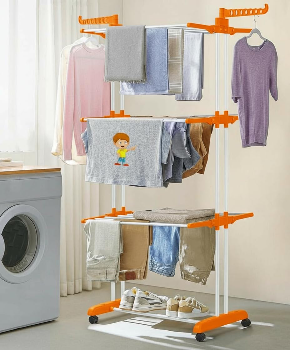 FLIPZON Premium 3 Layer Clothes Drying Stand with Wheels | Foldable Wings | Double Pole Alloy Steel Rack | 360° Rotatable Hanger Rods | Portable Balcony Laundry Dryer (White & Orange)