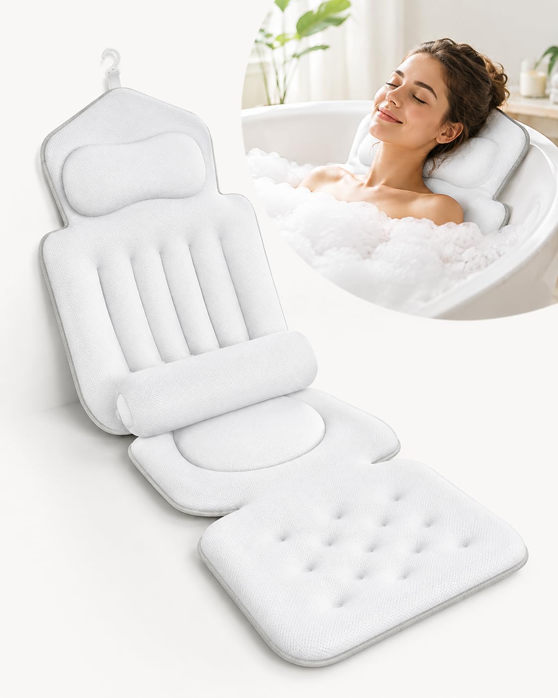 Full Body Bath Pillow for Tub, Inflatable Bathtub Pillow Mat with Headrest, Back Support, Seat & Footrest, Luxury Spa Bath Cushion for Relaxation, Home Self Care Gift for Women & Adults