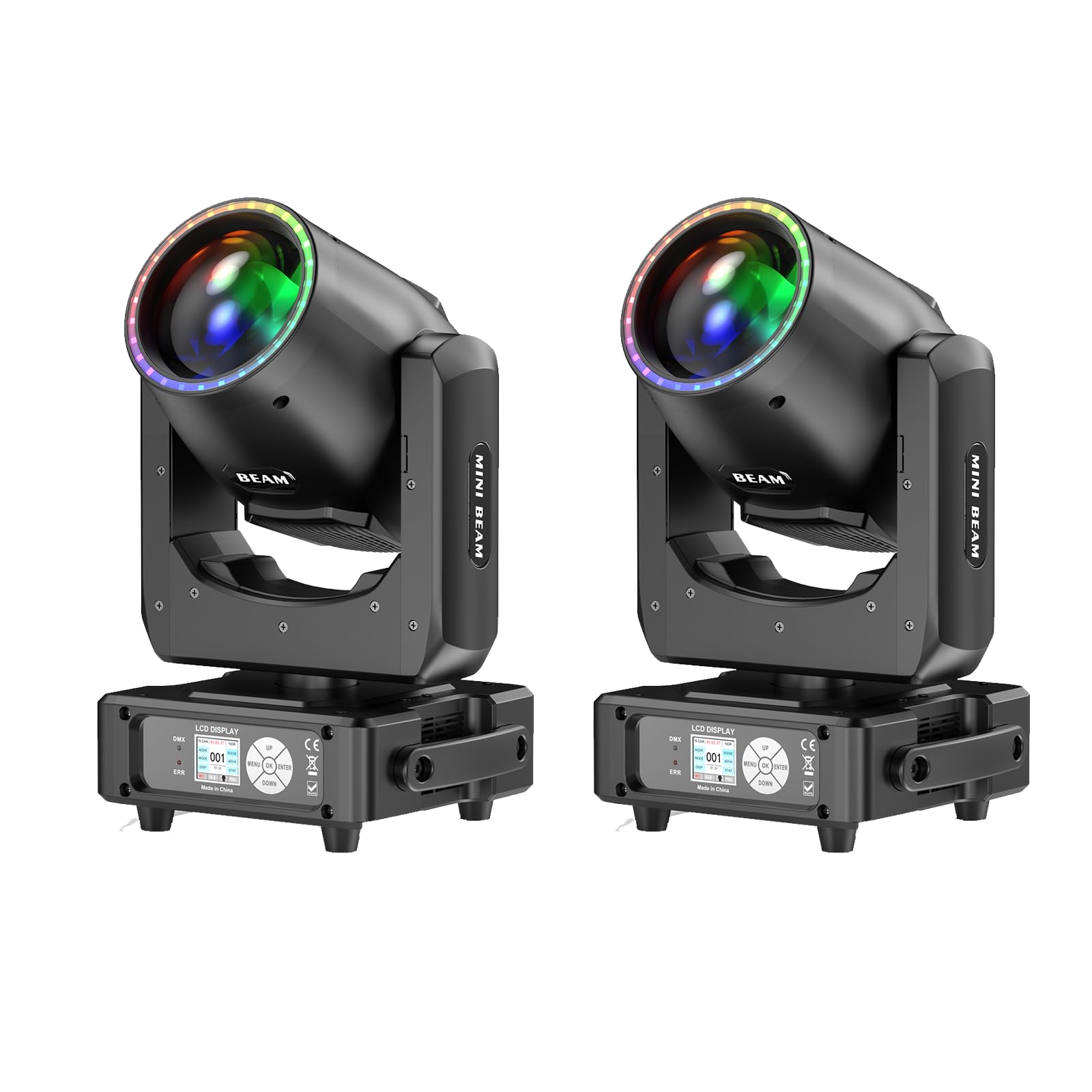 Wiwreenm 230W 7R Moving Head DJ Light, front view with light effects