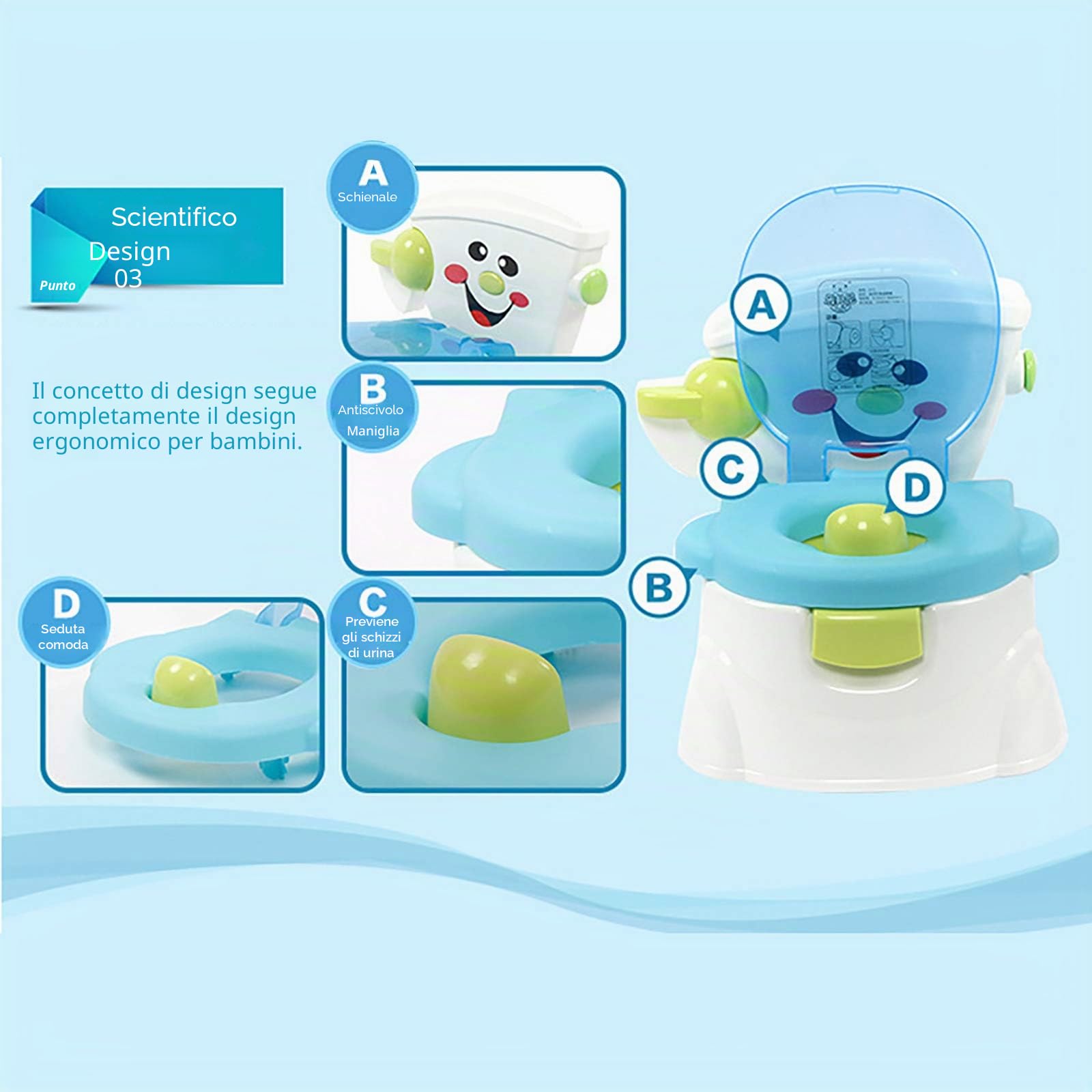 Toilette Da Allenamento Con Porta Fazzoletti, Mobili Imbottiti Rimovibili, Vasino Per Wc, Vasino Educativo Potty, Design Cartone Animato, Materiale Pp, 36 x 42 x 30 Cm (Blu)