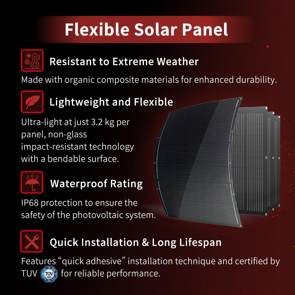 SAT-200-F8MP 800 W Set di Pannelli Solari Flessibili, 4 x 200 W | Celle monocristalline da 15,3 V, finitura nera opaca, peso 3 kg, protezione IP68, accessori di montaggio e cavo DC inclusi