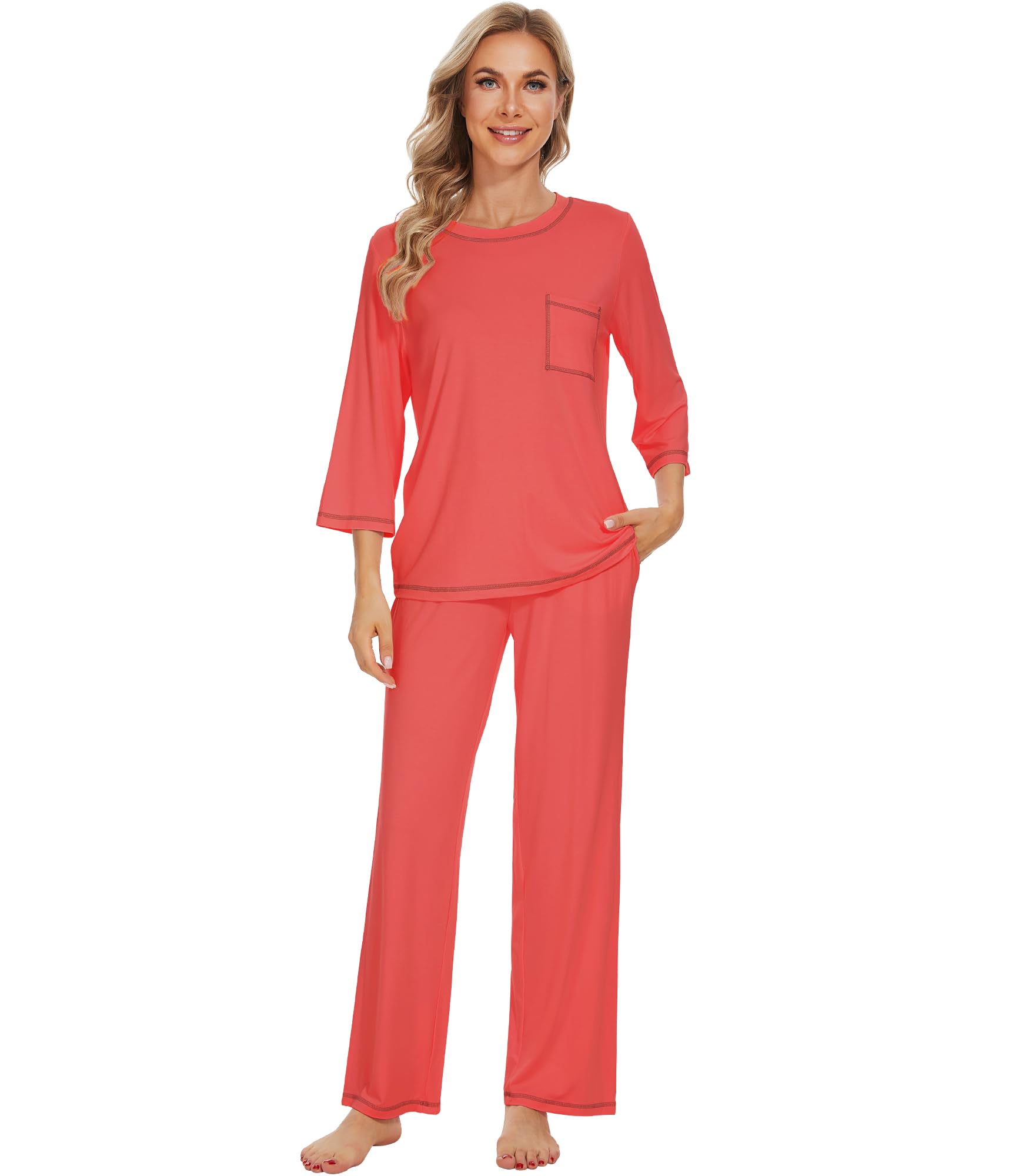 WiWi Pijama para mujer, viscosa de bambú, manga 3/4 y pantalones largos, conjunto de pijama suave, tallas S-XXL