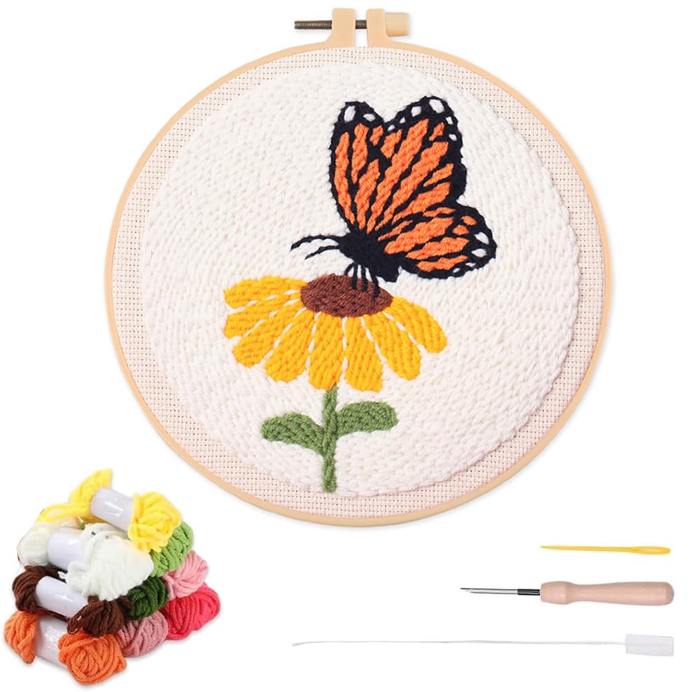 YEESAM ART Punch Needle Kit with Butterfly and Sunflower Patterns, Full Set DIY Punch Needle Embroidery Set with Hoop Tool, Easy Craft for Adults Beginners