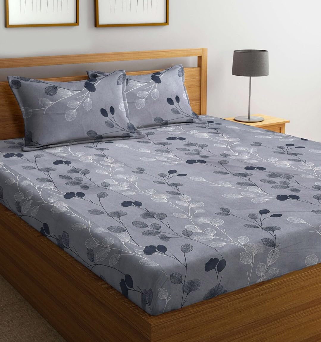 LOOMLYFE 300 TC Microfiber XXL Soft Cotton Super King Size Bedsheet for Double Bed, King Size 108 Inches X 108 Inches, 9 Feet, 275 X 275 cm with 2 Large Size Pillow Covers - GreyBaleLeaves