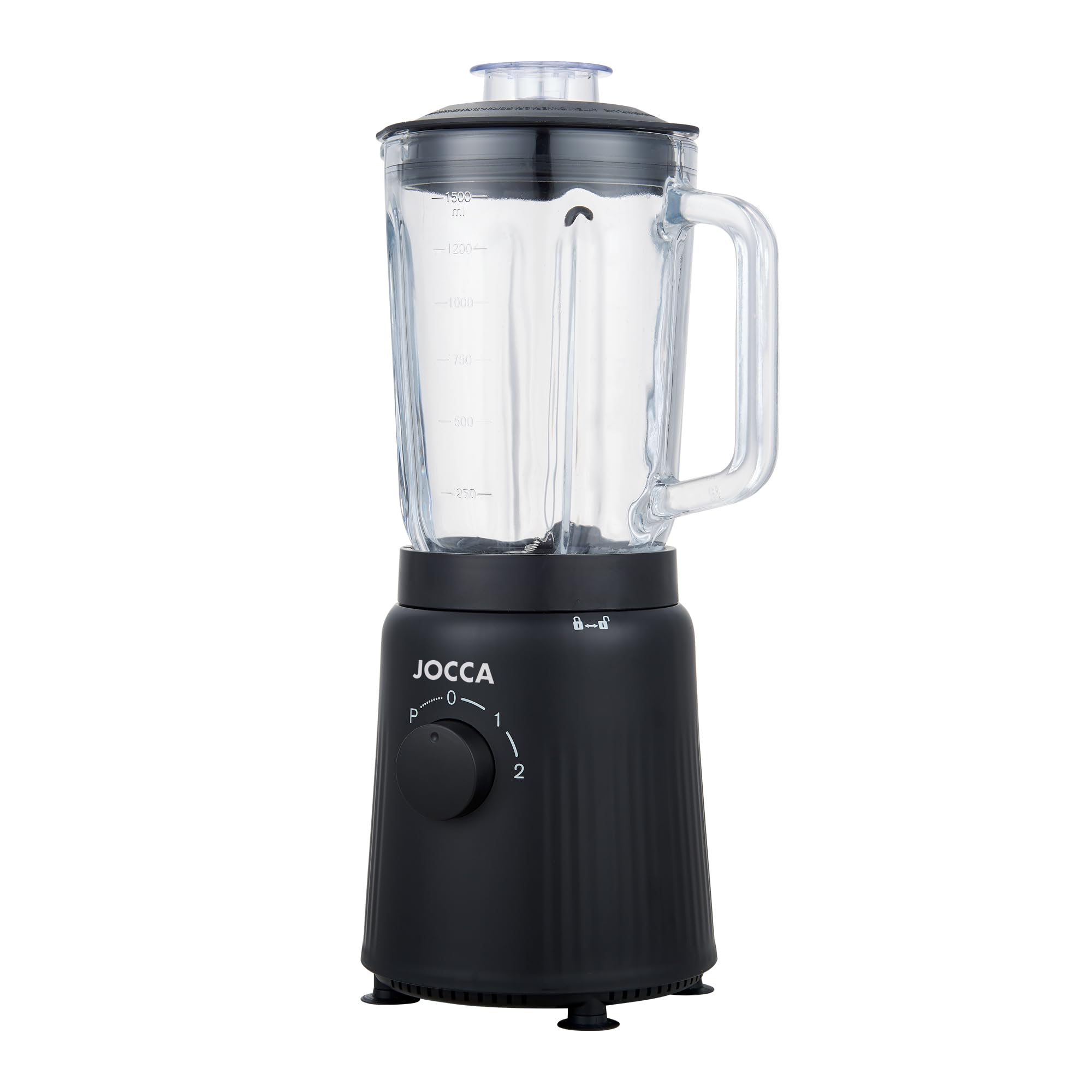 JOCCA - Batidora de Vaso con Jarra de Cristal 1,5L, 2 Velocidades + Pulse, Cuchillas de Acero Inoxidable, Sistema de Seguridad, Negro Mate, 1000W