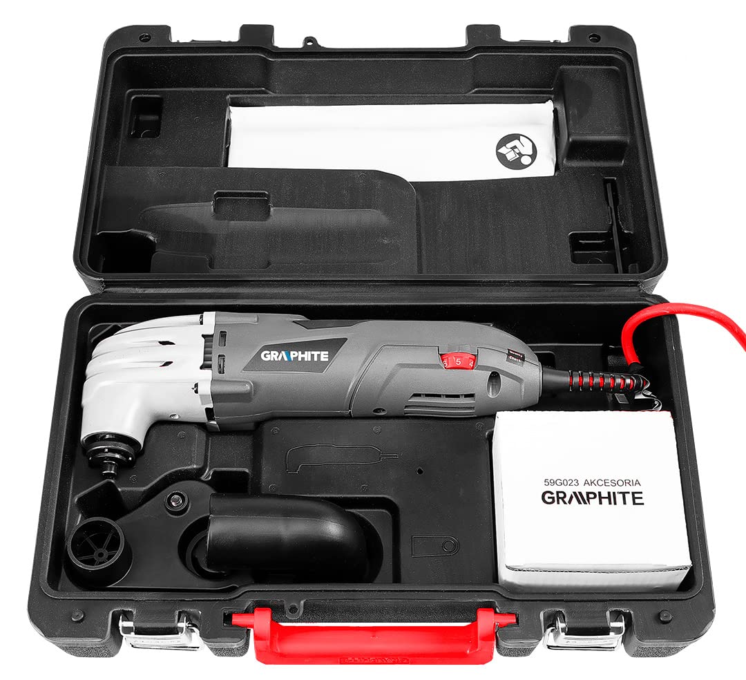GRAPHITE Máquina multifunción de 250 W, número de oscilaciones 15000-21000 min-¹, maletín de transporte; lijadora multifunción recomendada para separar, lijar y raspar; adaptador de aspiración,