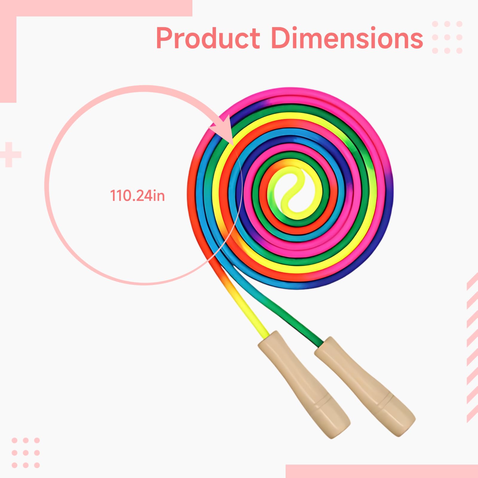 Set di 4 corde per saltare con manico in legno per bambini, corda per saltare arcobaleno da 2,8 m, lunghezza regolabile per fitness e sport, presa comoda per scuola e giochi all'aperto