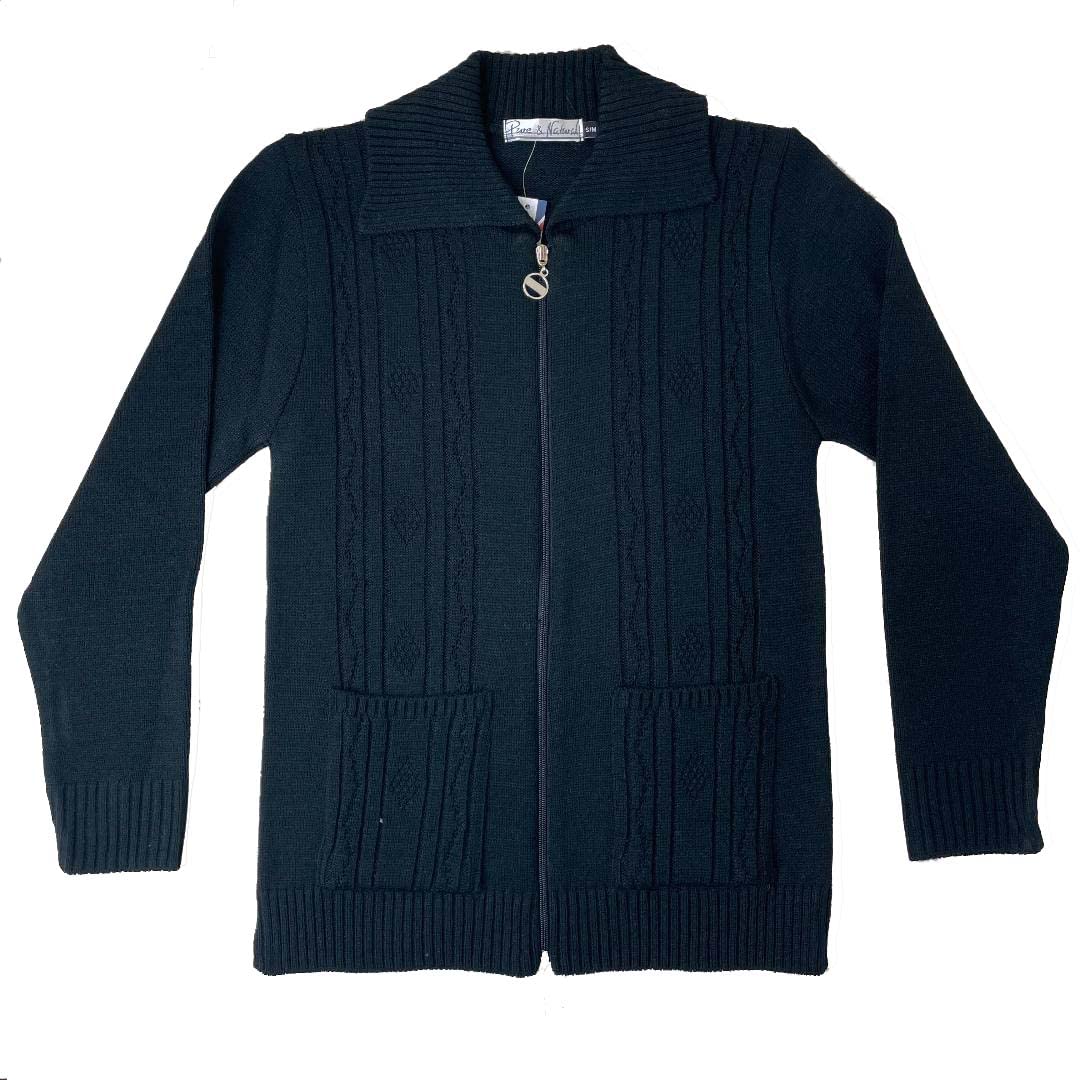 F & S LTD Ladies Womens Pattern Knitted Cardigan Zip up Closure with Pockets Size S-XL (Black, S-M)