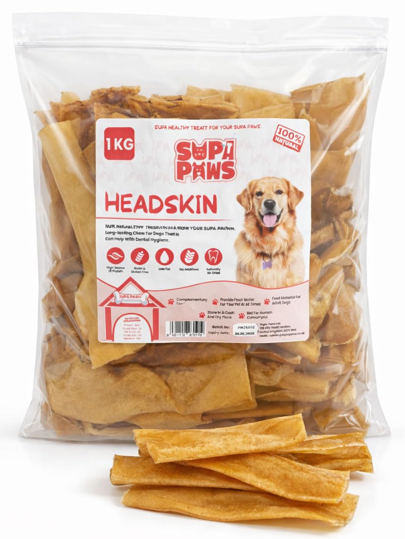 Supa Paws 1Kg Beef Headskin for Dog, 100% Air Dried Scalp Slice Dog Treat, Long Lasting Like Pizzle Pet Treats, 100% Natural High Protein Dog Snacks, Grain and Gluten Free Meat Sticks