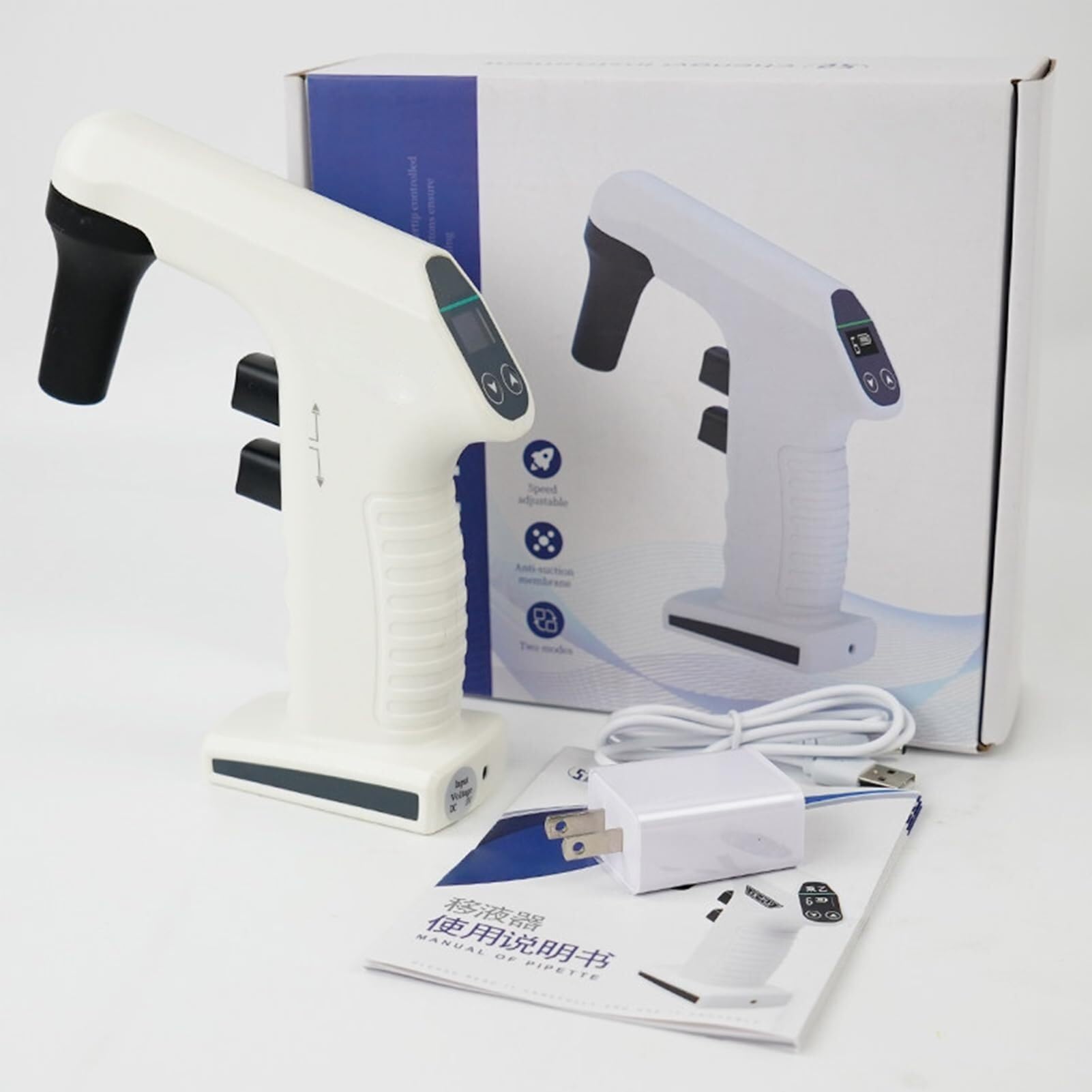 Controlador Electrónico de Pipetas 0.1-100mL, Bomba Eléctrica con LCD, 6 Velocidades, Drenaje Dual, Filtro Hidrofóbico, Batería Recargable para Laboratorio