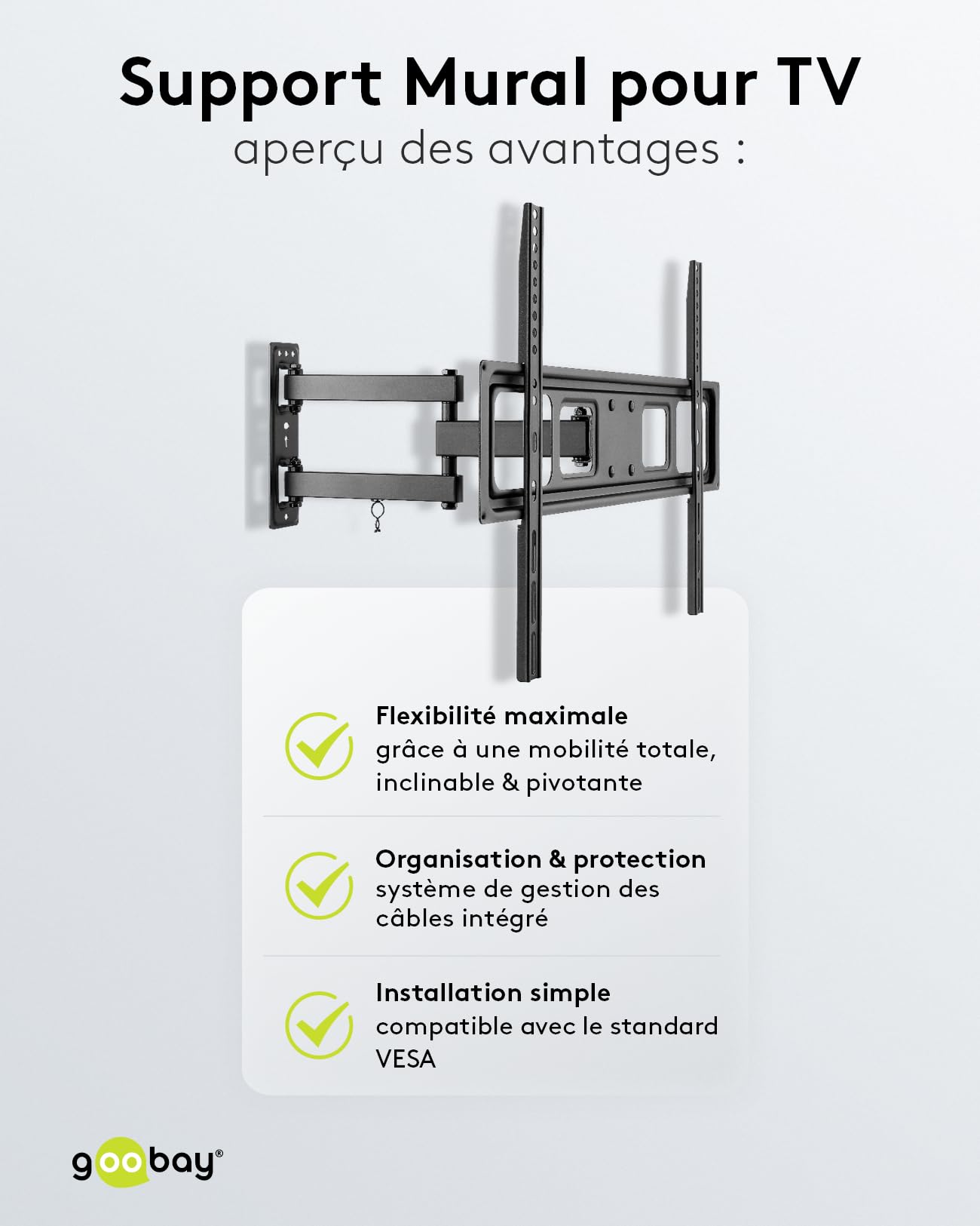 Goobay 49745 Support Mural TV Orientable et Inclinable pour écrans 37-70 Pouces (94-178 cm) / Accroche Television Mural Charge Max. 35 KG/Fixation Murale TV pour Tele VESA 300 x 300