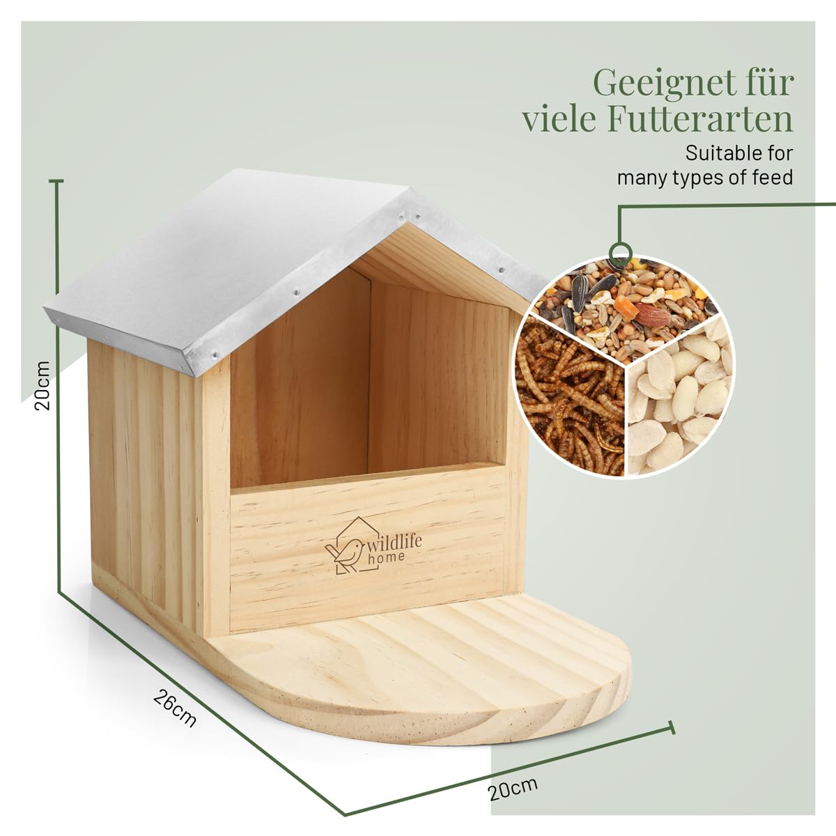 WILDLIFE HOME Großes Robustes Vogel-Futterhaus speziell auch für große Vögel wie Spechte, Elstern und Eichhörnchen & Co. I Aus Massivholz mit Metall-Dach, Futterstation, Vogelhaus, Futterspender