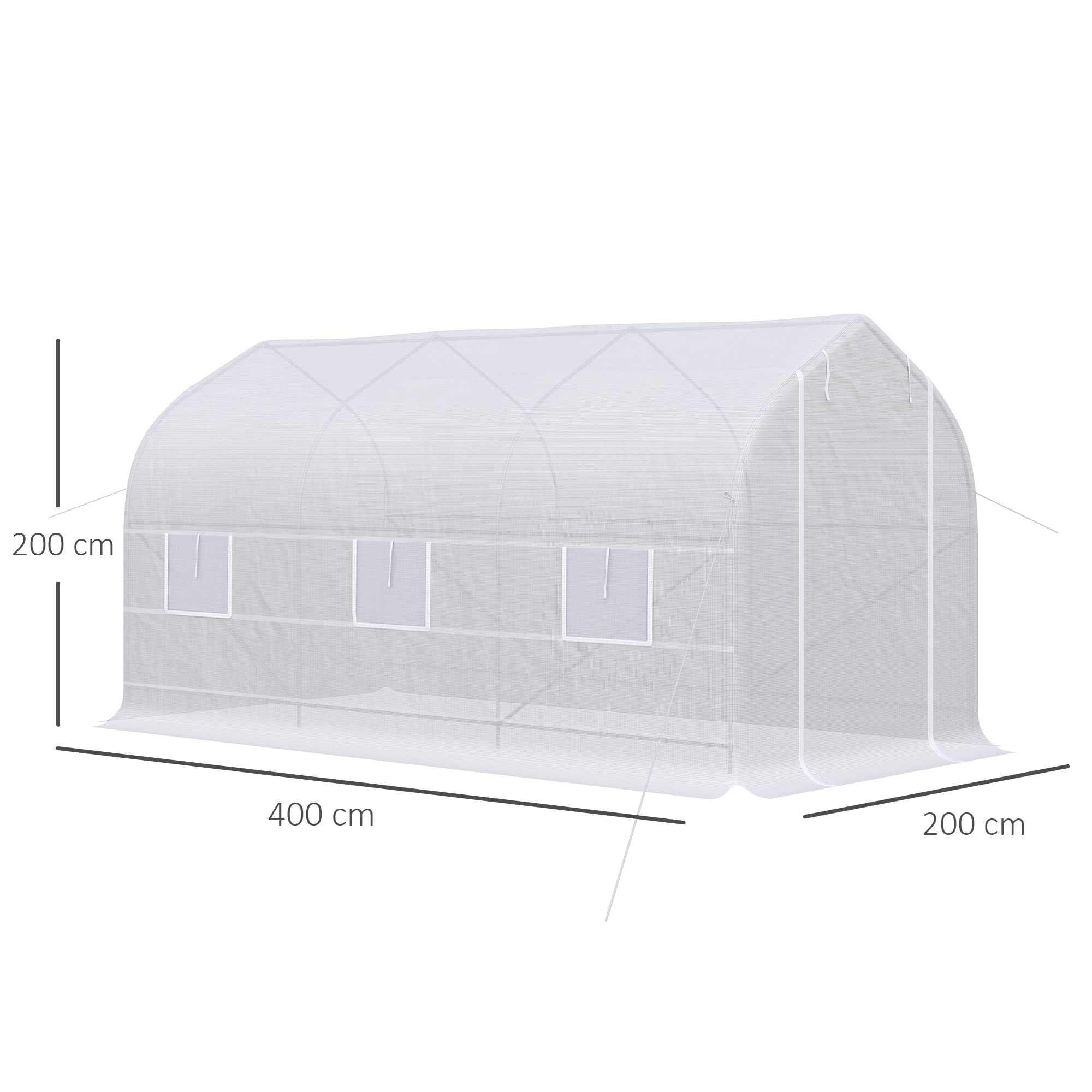 Outsunny Serre Tunnel de Jardin 8m², Serre de Jardin Tunnel 400x200x200cm avec 1 Porte et 6 fenêtres, pour extérieur, Toutes Saisons, légumes, Fruits, Fleurs, bâche PE Haute densité 140 g/m² Blanc