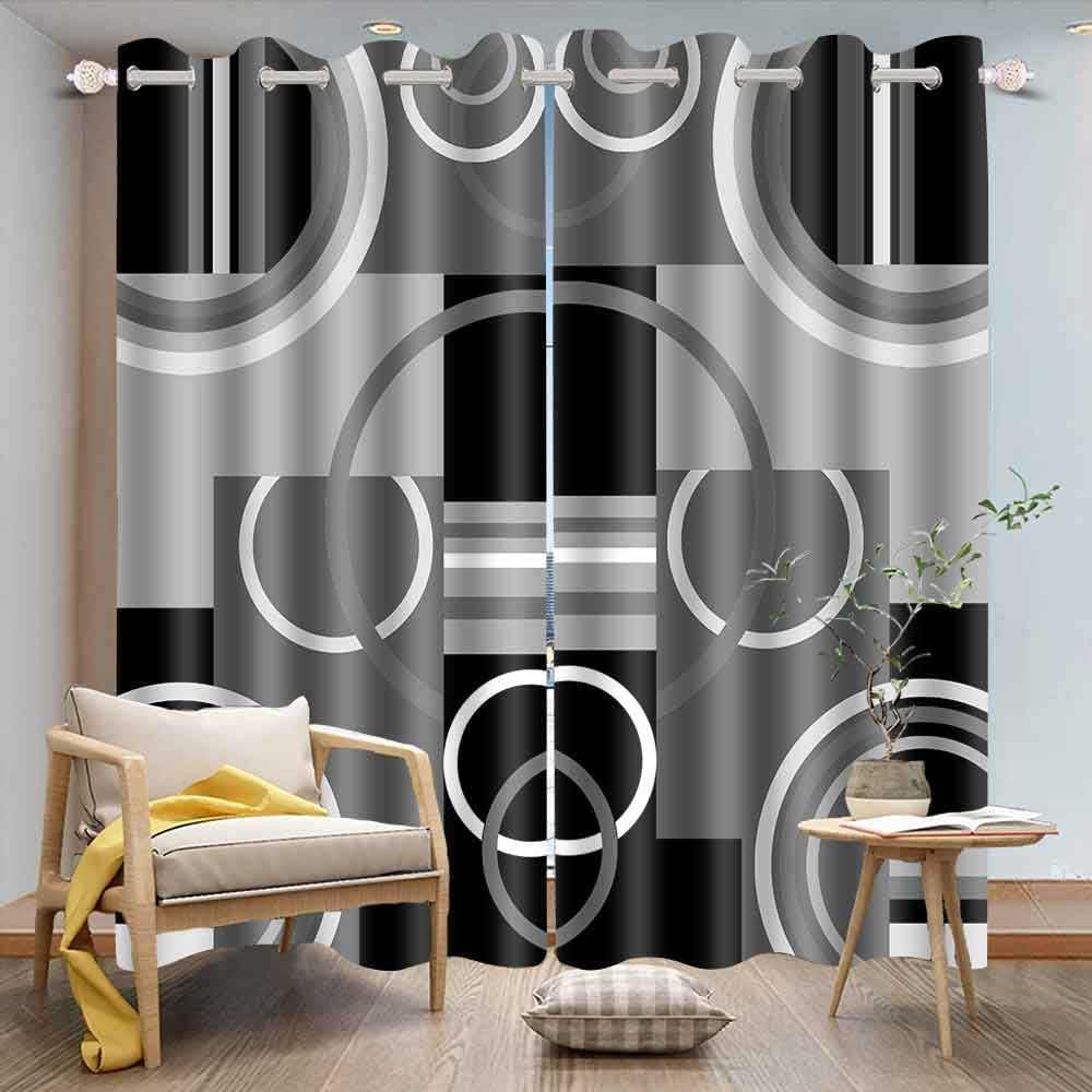 Black Gray Geometric Blackout Curtains for Bedroom, White Gray Modern Abstract Plaid Circle Room Darkening Curtain Thermal Insulated Window Drapes for Living Room, 2 Panels, 52x84 inches Length