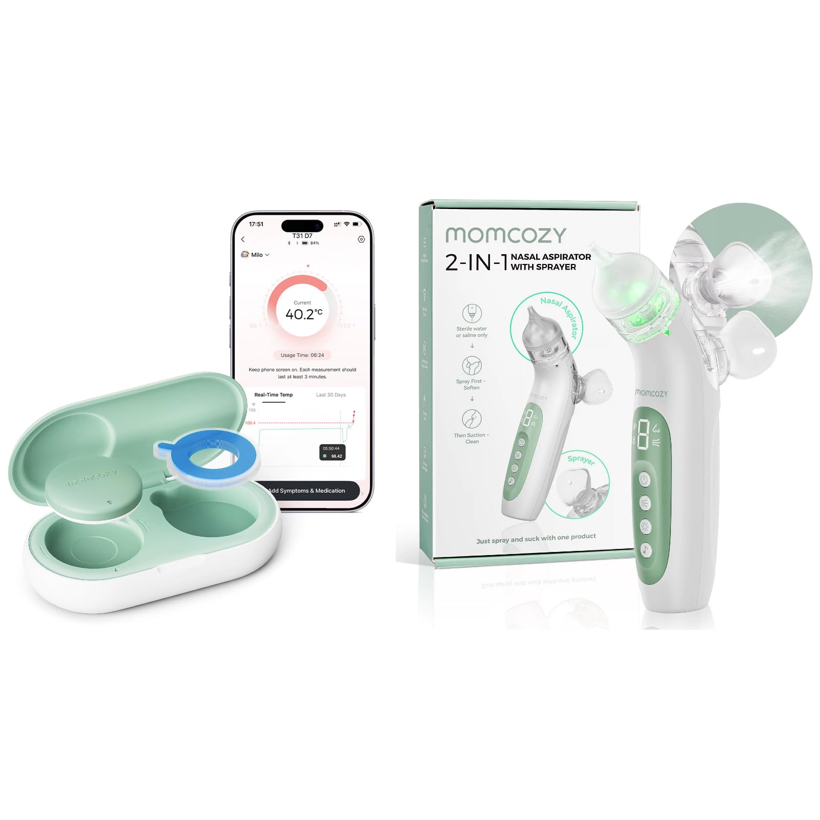 Momcozy T31 Termometro Digital Bebe con Precisión de Grado Médico Lectura Instantánea, BN07 Aspirador Nasal Bebe Electrico con 4 Niveles Ajustables, 2 en 1 con Pulverización y Succión