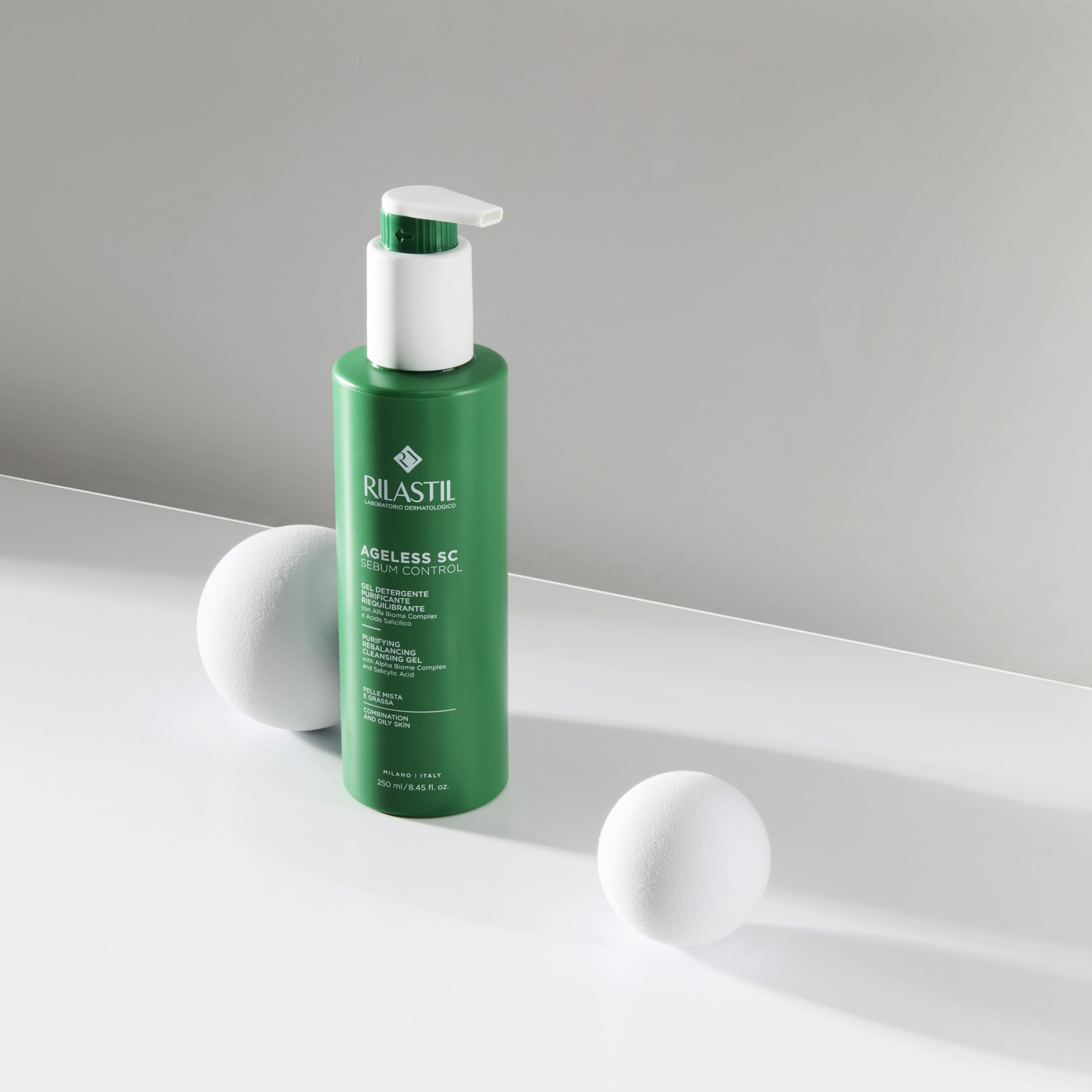 Rilastil Ageless SC Sebum Control, Gel detergente purificante e riequilibrante viso con Alfa Bioma Complex e Acido Salicilico ad azione sebonormalizzante, 250 ml